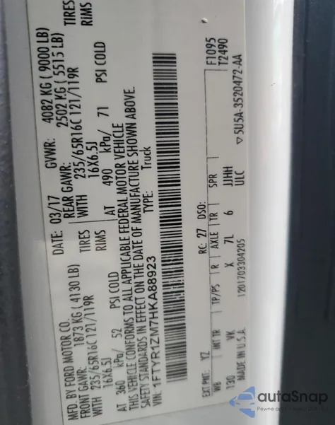 2017 Ford Transit T-250 z USA, uszkodzony, nr VIN 1FTYR1ZM7HKA88923